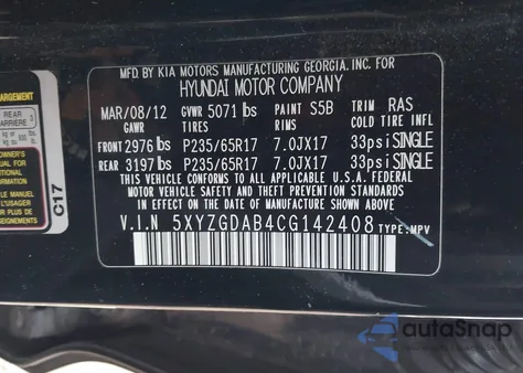 2012 Hyundai Santa Fe Gls z USA, uszkodzony, nr VIN 5XYZGDAB4CG142408